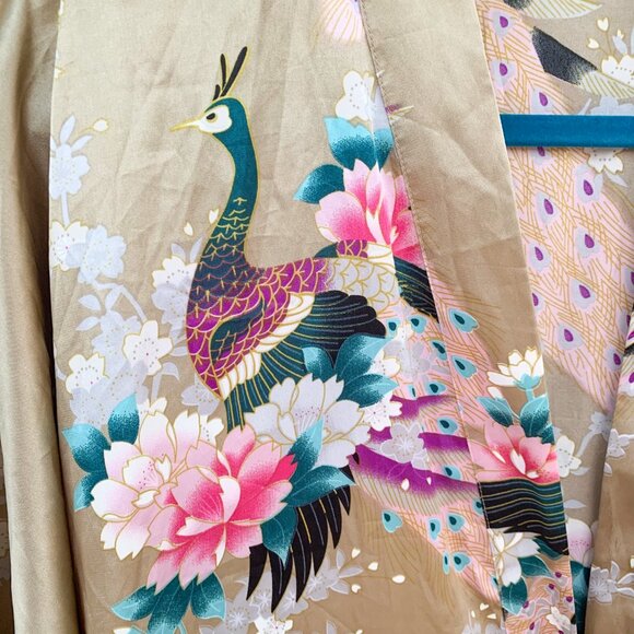 Peacock Kimono Bat Wing Sleeves Golden Beige Orchids Floral No Belt Size XL - Picture 5 of 12